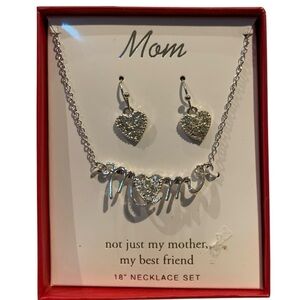 Silver Mom Heart Necklace and Earring Set